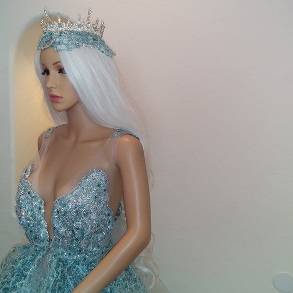 SAMPLE GOWN - "AMALI" Turquoise & Silver Medieval Goddess Wedding Ballgown Set - Picture 10 of 14